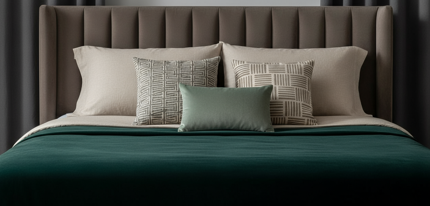 Arredo letto verde con pochi cuscini