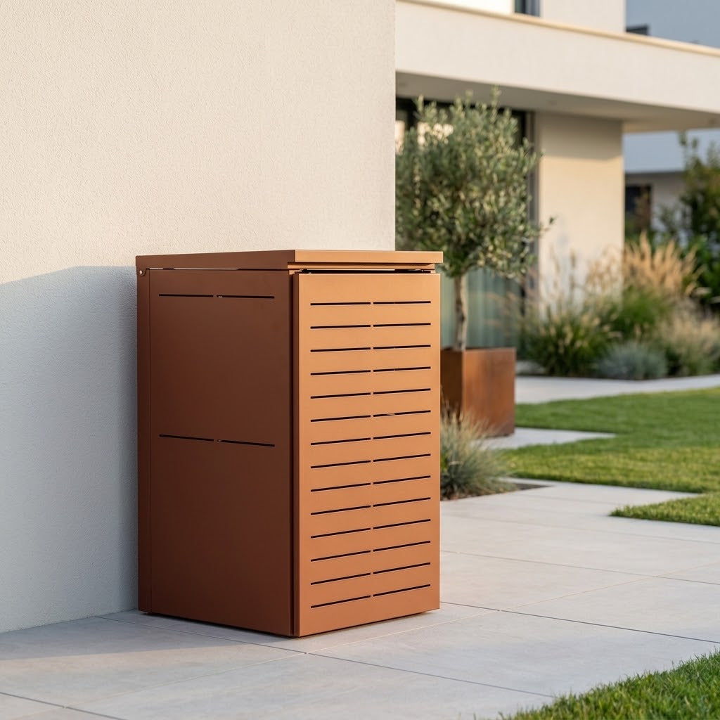 Copribidone Eobox, box in alluminio per nascondere i bidoni della spazzatura. Un copribidone di design che diventa arredo per il tuo giardino.