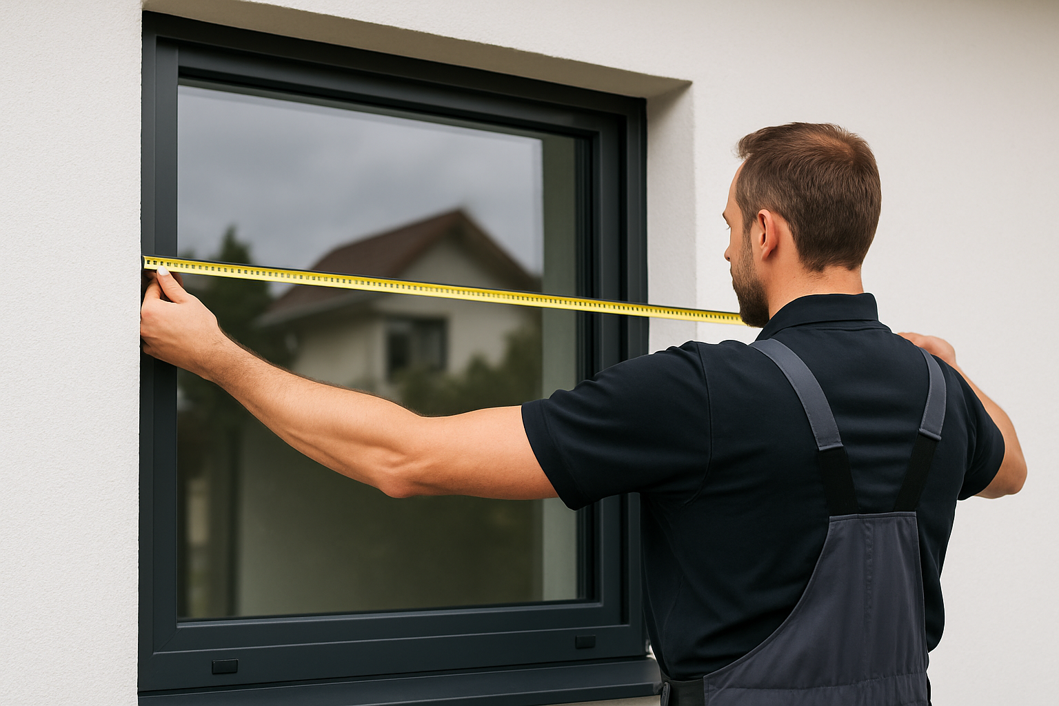 Artigiano di spalle che misura la finestra dall'esterno