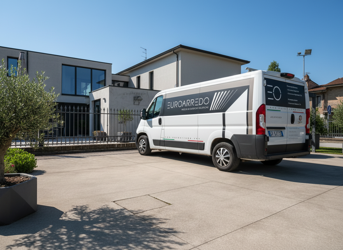 Furgone Euroarredo davanti al cancello di casa moderna