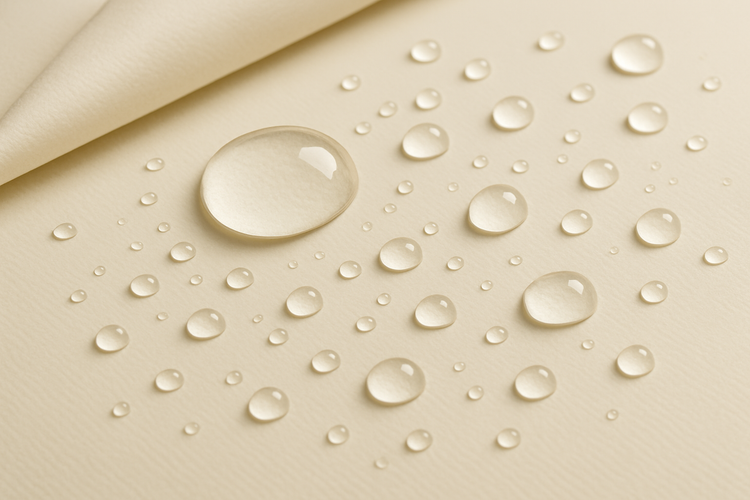 Genera un'immagine di un semplice telo in pvc di color avorio con delle gocce d'acqua sopra per dimostrare che è impermeabile