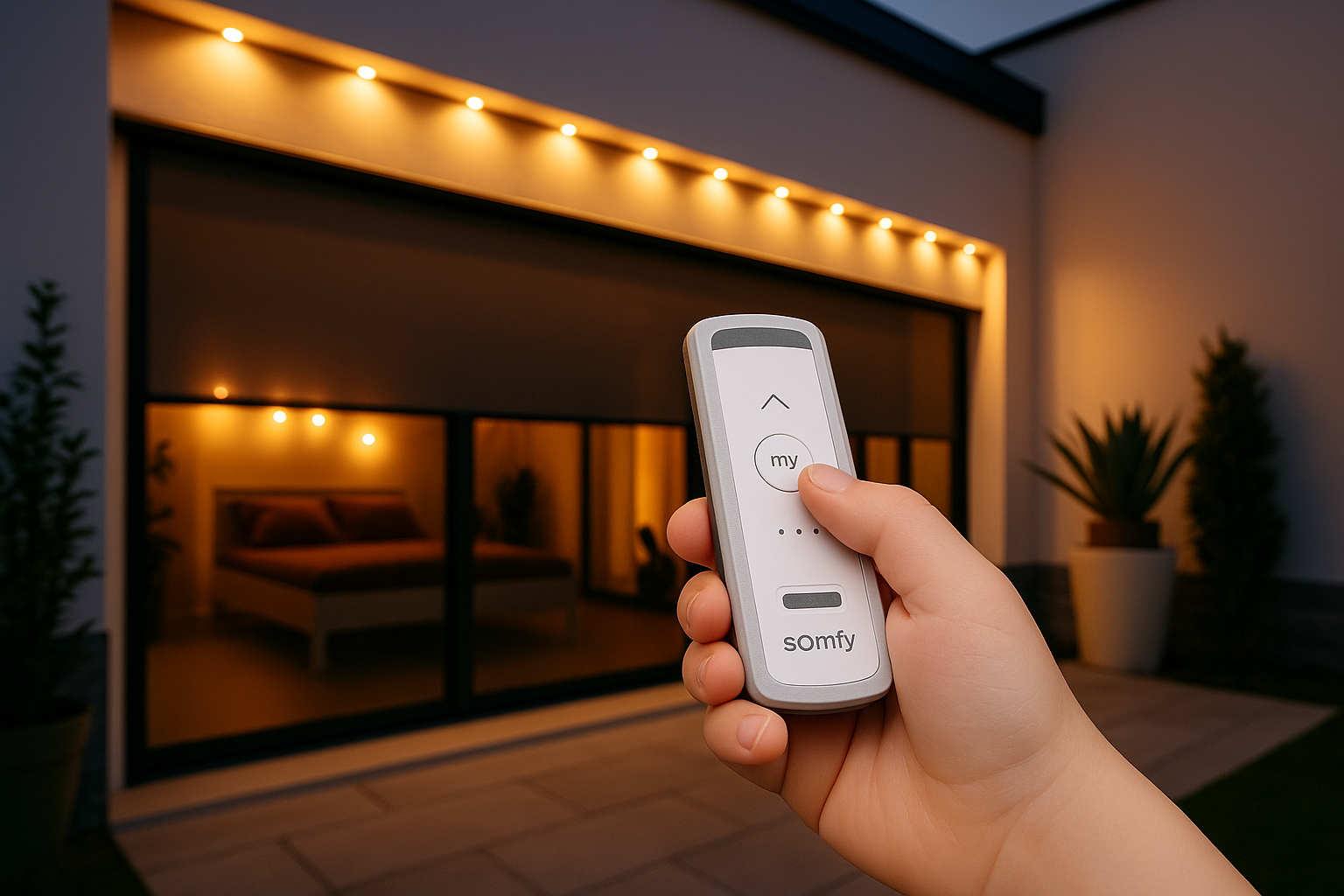 Mano con telecomando Somfy per tenda zip