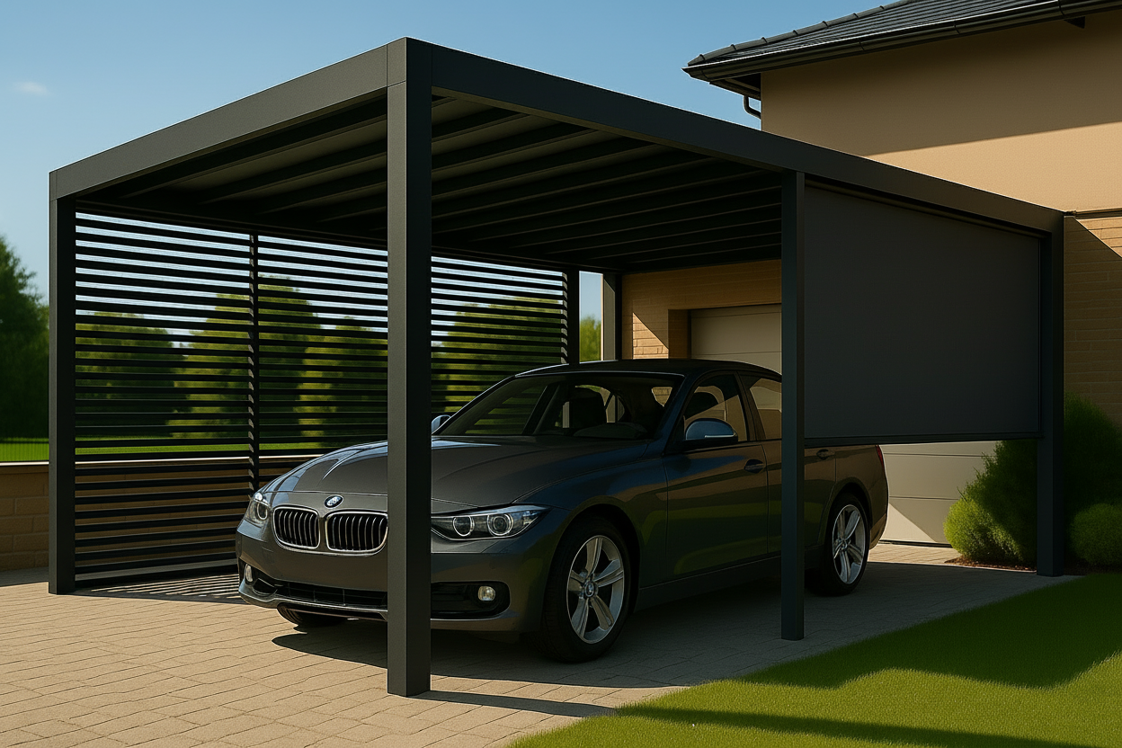 Modified pergola with lowered sun shade and additional awning