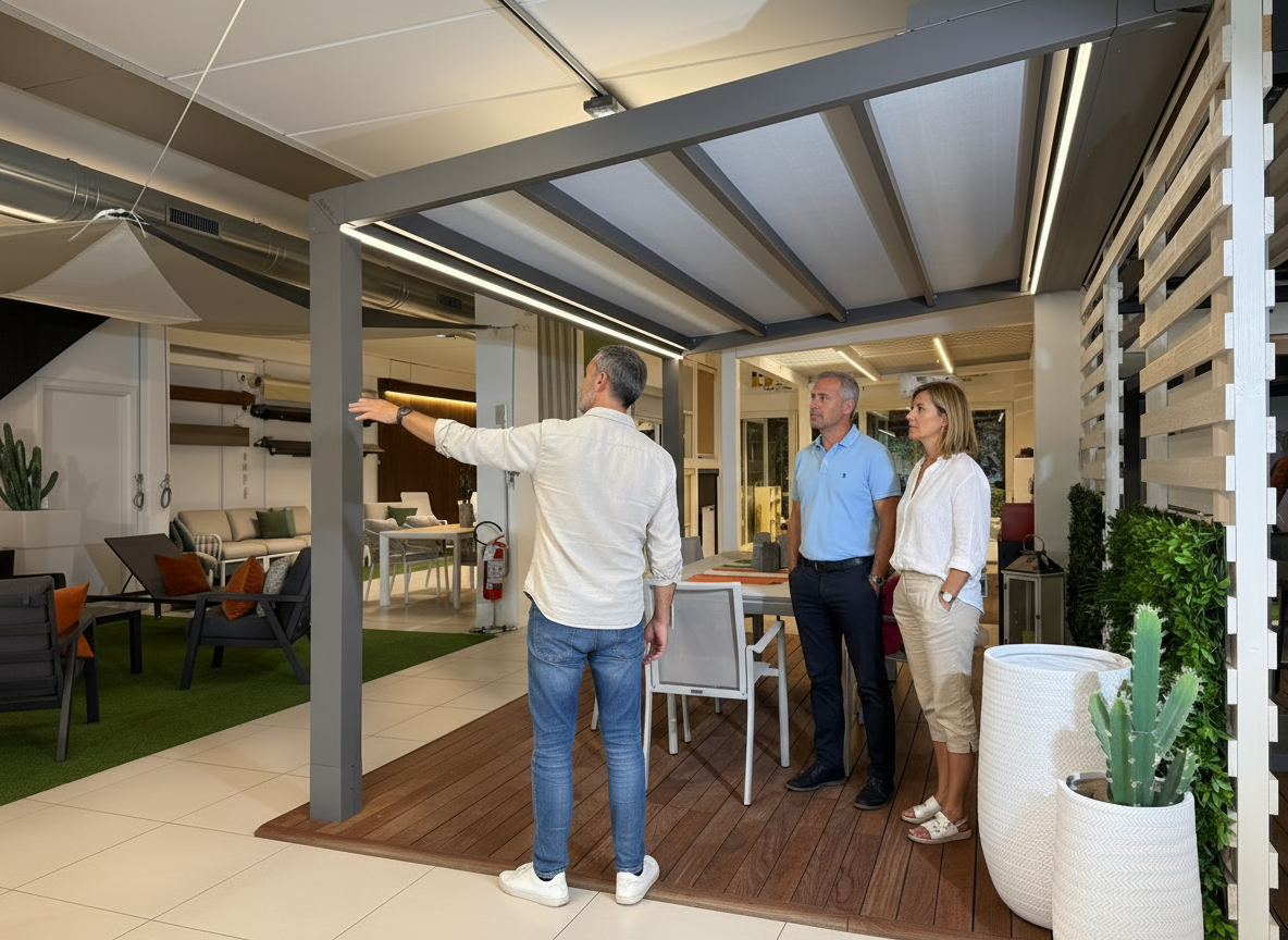 Outdoor living space with salesperson and customers