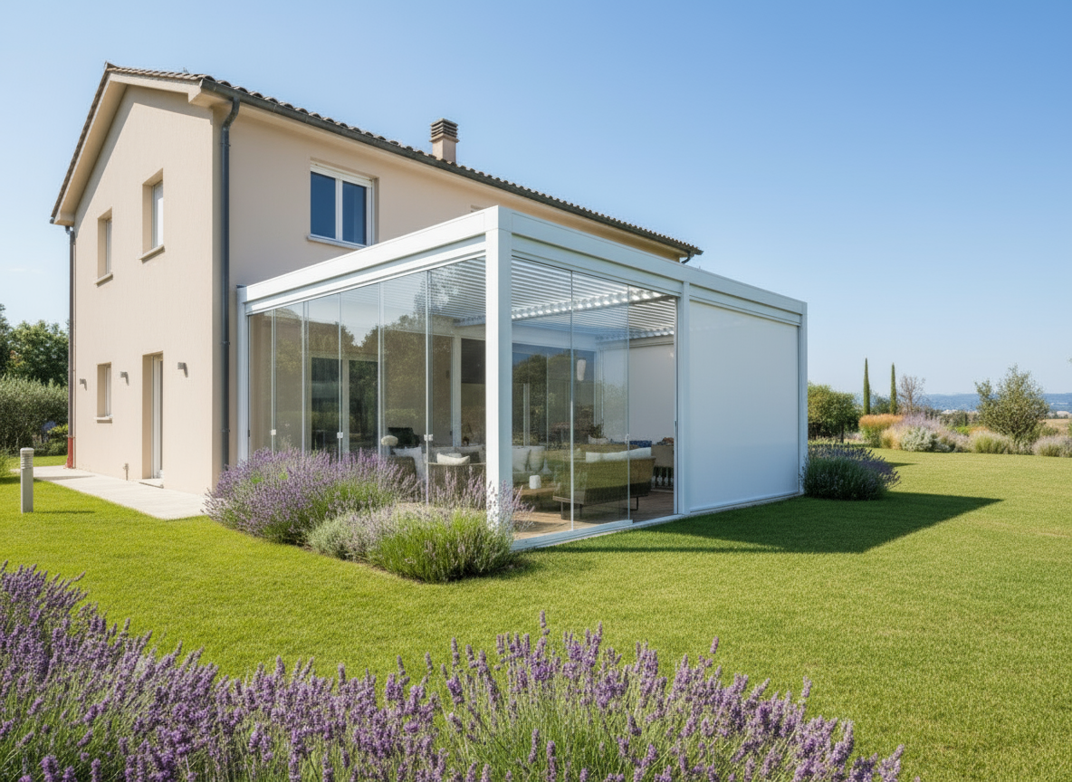 Pergola con vetrate frontali e tende laterali