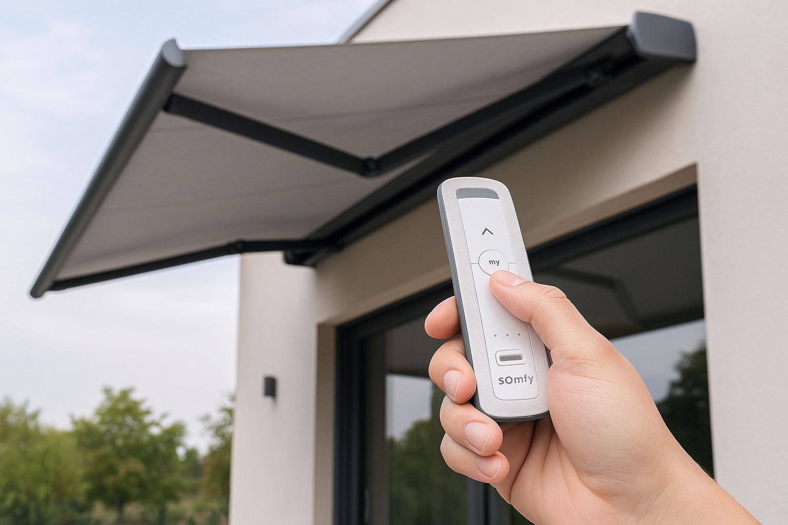 Persona che usa telecomando Somfy con tenda antracite
