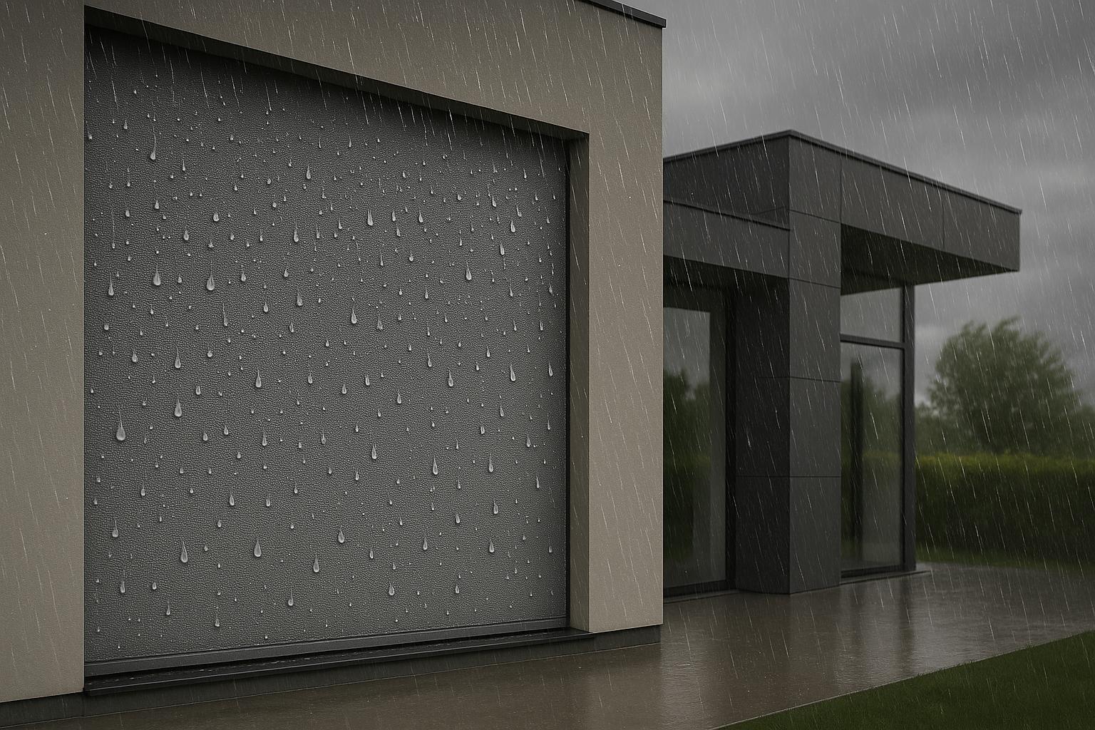 Tenda zip su casa ultra-moderna durante temporale